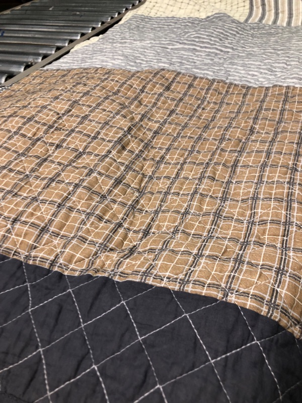 Photo 3 of  100% Cotton Patchwork Quilt Bedding Set for King Bed, 3 Pieces Plaid Farmhouse Reversible Rustic Lightweight Comforter Spread, Brown/Beige/Gray