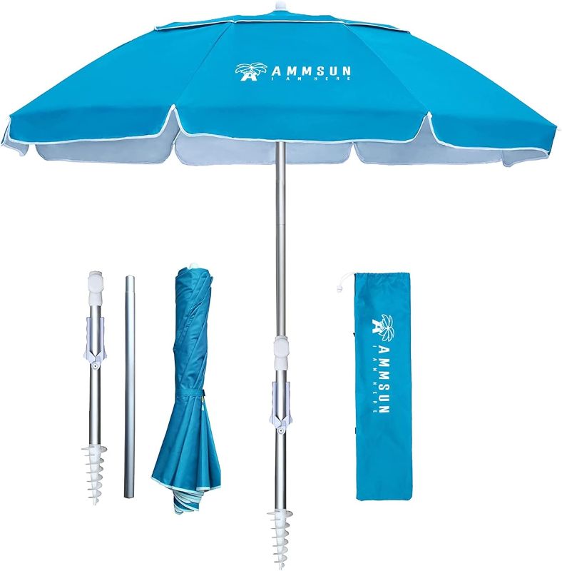 Photo 1 of AMMSUN 6.5ft twice folded Portable beach umbrella with sand anchor windproof, Tilt pole Air vent UPF 50+ Protection Fits in a large Suitcase for travel Patio Garden Pool Backyard Sky Blue
