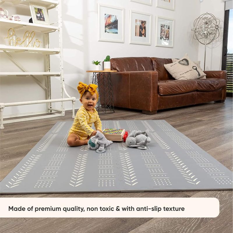 Photo 1 of CHILDLIKE BEHAVIOR Baby Play Mat - Play Pen Tummy Time Mat & Crawling Mat Foam Play Mat for Baby with Interlocking Floor Tiles 72x48 Inches Puzzle - Baby Floor Mat Infants & Toddlers (X-Large, Grey) 72x48 Inch Grey Mudcloth