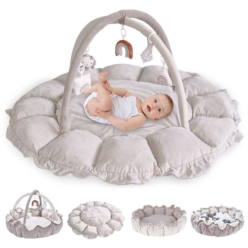 Photo 2 of 5-in-1 Convertible Baby Play Gym with 6 Toys, Tummy Time Mat for Sensory Development, Baby Activity Center from Newborn to Toddler, Ball Pit, Cat & Dog Bed, Soft Plush Pet Bed, No Ball Included