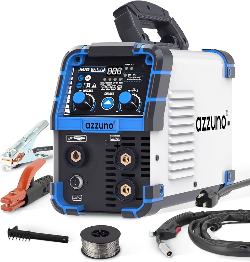 Photo 1 of AZZUNO 135 Amp MIG Welder, 3 in 1 Multiprocess Welder 110V Flux Core Welder Flux MIG/Lift TIG/Stick Welding Machine Synergic Control IGBT Inverter Welder (volts, 110