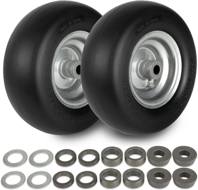 Photo 1 of 2 PCS 11x4.00-5" Flat Free Lawn Mower Tire on Wheel, 3/4" or 5/8" Bushing, 3.4"-4"-4.5-5" Centered Hub, Universal Fit Smooth Tread Tire for Zero Turn Lawn Mowers, with Universal Adapter Kit