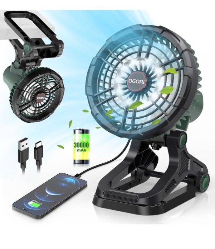 Photo 1 of 30000mAh Battery Operated Fan with LED Lantern, Stepless Speed, 360°Head Rotation, 4 Light & 7 Timing Modes, Rechargeable Personal USB Desk Fan for Home, Jobsite, Power Outage, Camping Tent Fan