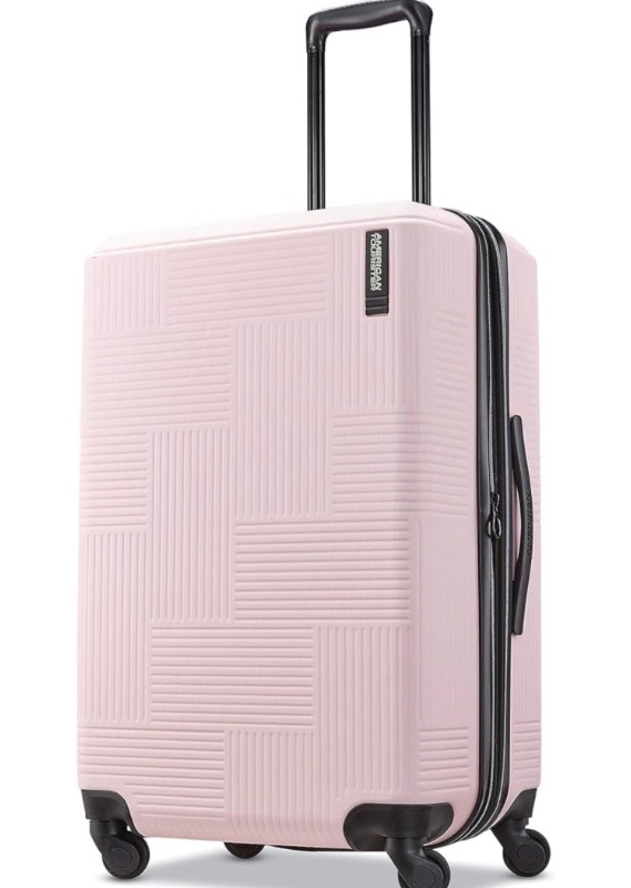 Photo 1 of American Tourister Stratum XLT Expandable Hardside Luggage with Spinner Wheels, Pink Blush, Checked-Medium 24-Inch