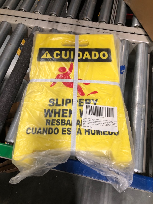 Photo 2 of MATTHEW CLEANING 19'' Industrial Wet Floor Sign 3 Pack 2-Sided Durable Corrugated Plastic Birght Yellow Multilingual Warning Signs Commercial Caution Wet Fold-out Floor Signs For Indoors Light Yellow 19''x12'' 3Pack