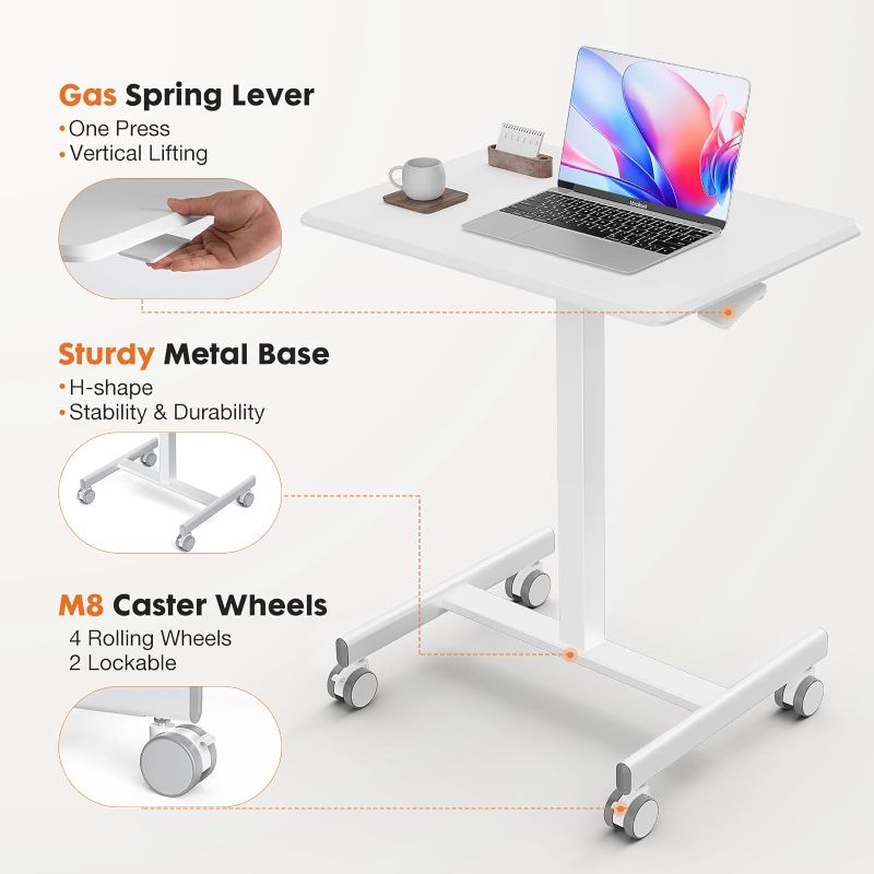 Photo 1 of Sweetcrispy Mobile Small Stading Desk - Sit Stand Desk, Portable Rolling Laptop Desk with Lockable Wheels, Computer Workstations, Adjustable Height, White