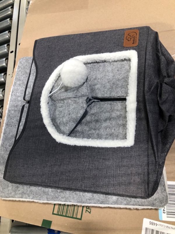 Photo 3 of Bedsure Cat Beds for Indoor Cats - Large Cat House for Pet Cat Cave with Cat Scratch Pad and Fluffy Ball Hanging, Foldable Cat Hidewawy,16.5x16.5x14 inches Grey