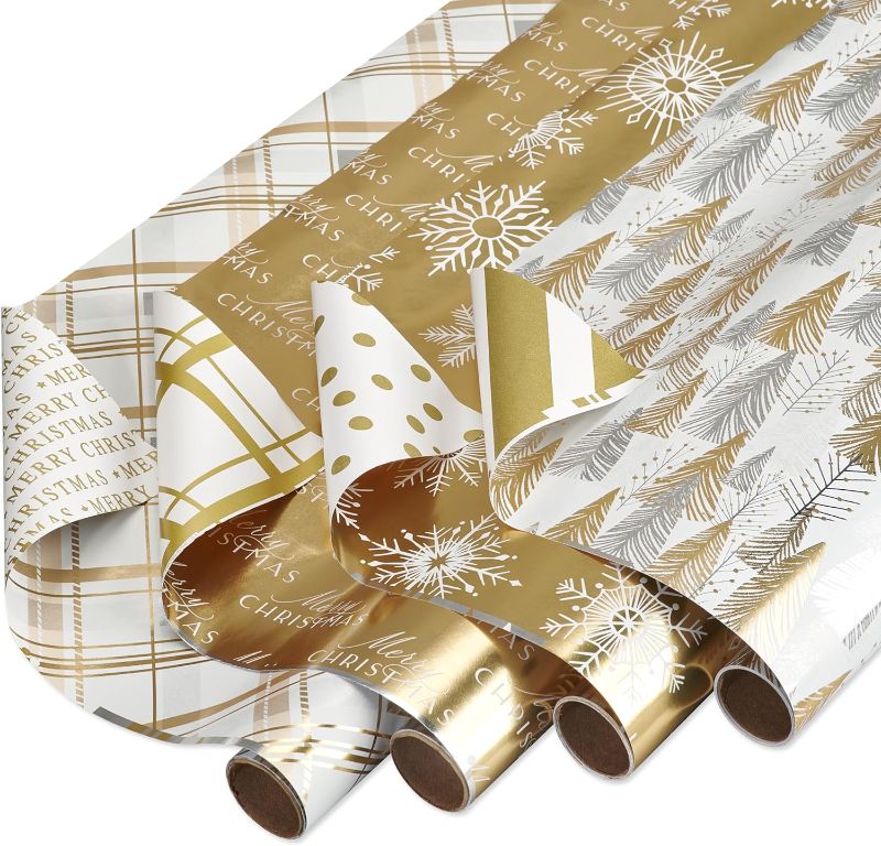 Photo 1 of American Greetings 80 sq. ft. Gold Wrapping Paper Bundle (Snowflakes) for Christmas, Hanukkah, Kwanzaa and All Holidays (4 Rolls 30 in. x 8 ft.)
