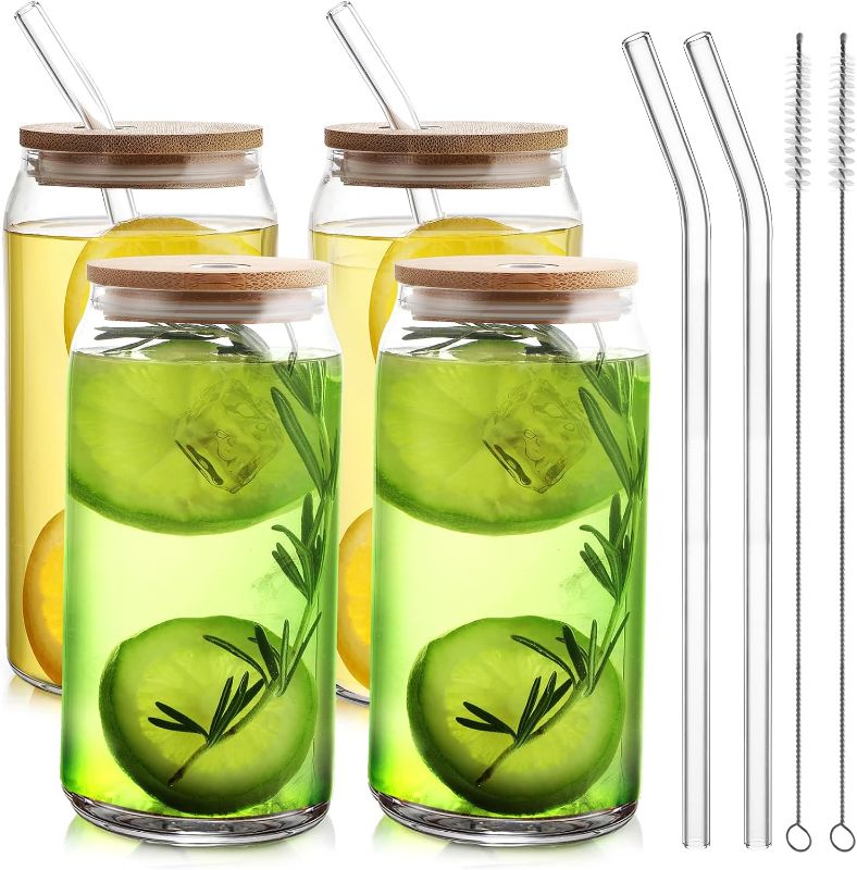 Photo 1 of 20 OZ Glass Cups with Bamboo Lids and Glass Straw - 4pcs Set Beer Can Shaped Drinking Glasses, Iced Coffee Glasses, Cute Tumbler Cup for Smoothie, Boba Tea, Whiskey, Water - 2 Cleaning Brushes
