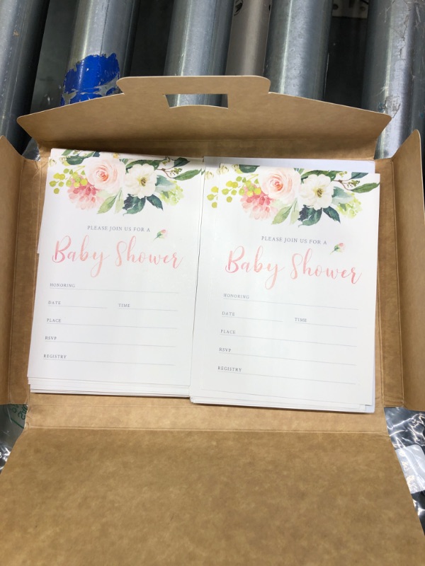 Photo 1 of Hat Acrobat 25 Baby Shower Invitations for Girl Bundle with Thank You Cards and Envelopes - Floral Invitations for Girls with Book Request Cards and Diaper Raffle Tickets