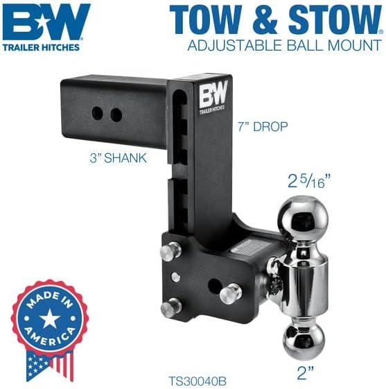 Photo 2 of B&W Trailer Hitches Tow & Stow Adjustable Trailer Hitch Ball Mount - Fits 3" Receiver, Dual Ball (2" x 2-5/16"), 7.5" Drop, 21,000 GTW - TS30040B