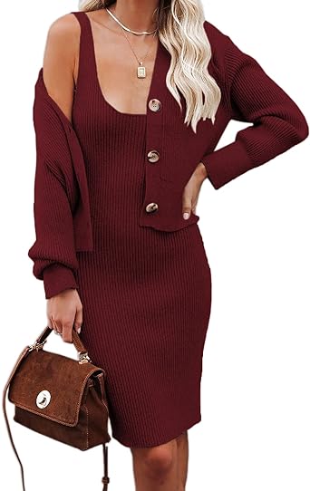 Photo 1 of Fessceruna Womens Sexy Scoop Neck Sleeveless Bodycon Dress and Sweater Cardigan Ribbed Knit 2 Piece Sweater Set Outfits
