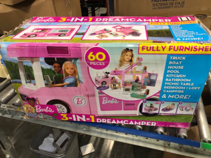 Photo 1 of Barbie Camper 3-in-1 DreamCamper Toy Playset Transforming Camper with Pool, Truck and Boat 60 Barbie Accessories Kids Toys and Gifts 3 in 1 Camper