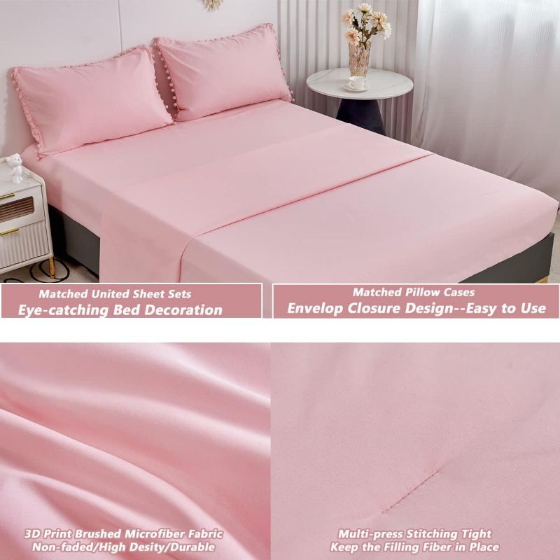Photo 1 of Litanika King Size  Set Pink,3 Pieces Blush Boho Pom Pom Lightweight Bedding, All Season Soft Solid Color Bedding  Sets for Girls (1 flat sheet 104x90 Inch, 2 Pillowcases)