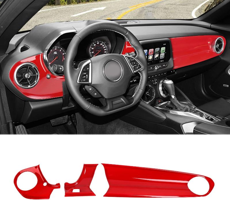 Photo 1 of RAZPOY for Camaro Center Console Panel Trim, 3PCS Dashboard Panel Cover Compatible with 2016-2023 Chevrolet Chevy Camaro Interior Accessories RED