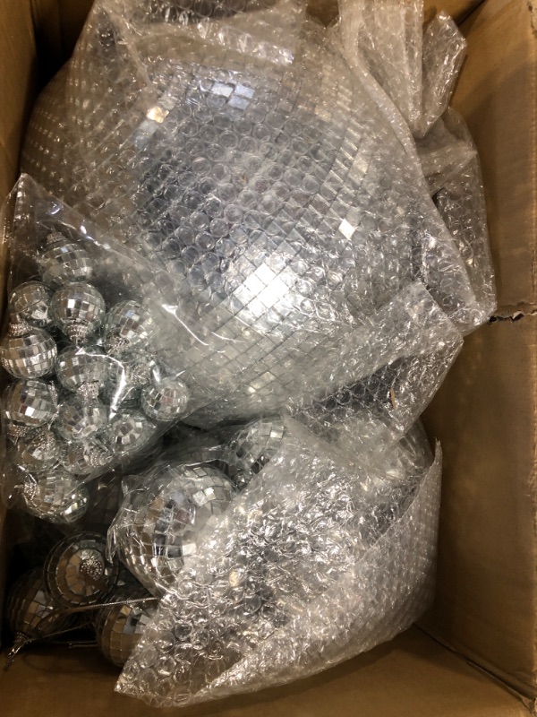 Photo 3 of 40 Pack Mirror Disco Ball in Variety Silver Hanging Glass Mirror Ball Light Ball with String Disco Hanging Ornament for Club Stage Bar Birthday 70s Party Decoration (12/ 6 / 3/ 2/ 1.2 Inch)