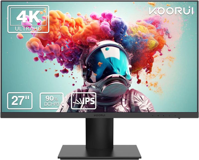 Photo 1 of KOORUI 27 Inch Computer Monitors, 4K UHD(3840 * 2160) IPS Gaming Monitors, HDR10, 90% DCI-P3, Frameless, 2X HDMI 2.0 & DisplayPort 1.4, VESA Mountable, Eye Care
