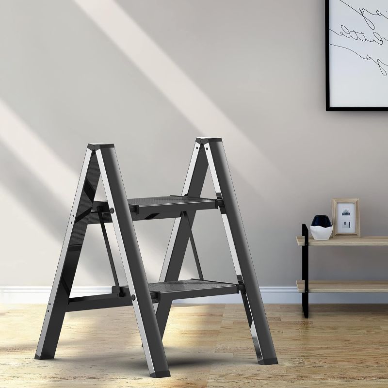 Photo 1 of 2 Step Ladder Folding Ladder Stool Portable Storage Rack Lightweight Aluminum Wide Anti Slip Pedal Multifunctional Household Adults & Kids Stepladder Black 330lb 2 Step Black