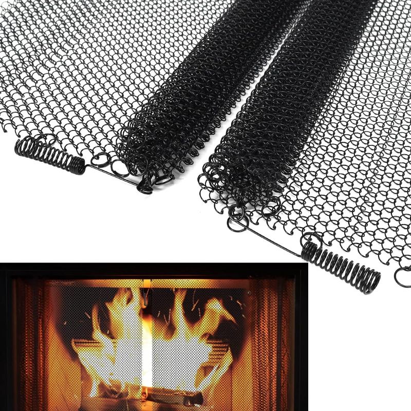 Photo 1 of 2 Pack Fireplace Mesh Screen Curtain,22”x24” Spark Guard Chain for Hearth,Metal Fireplace Replacement Black Hanging Mesh Curtain Screens for Home Wood Burning Fireplace
