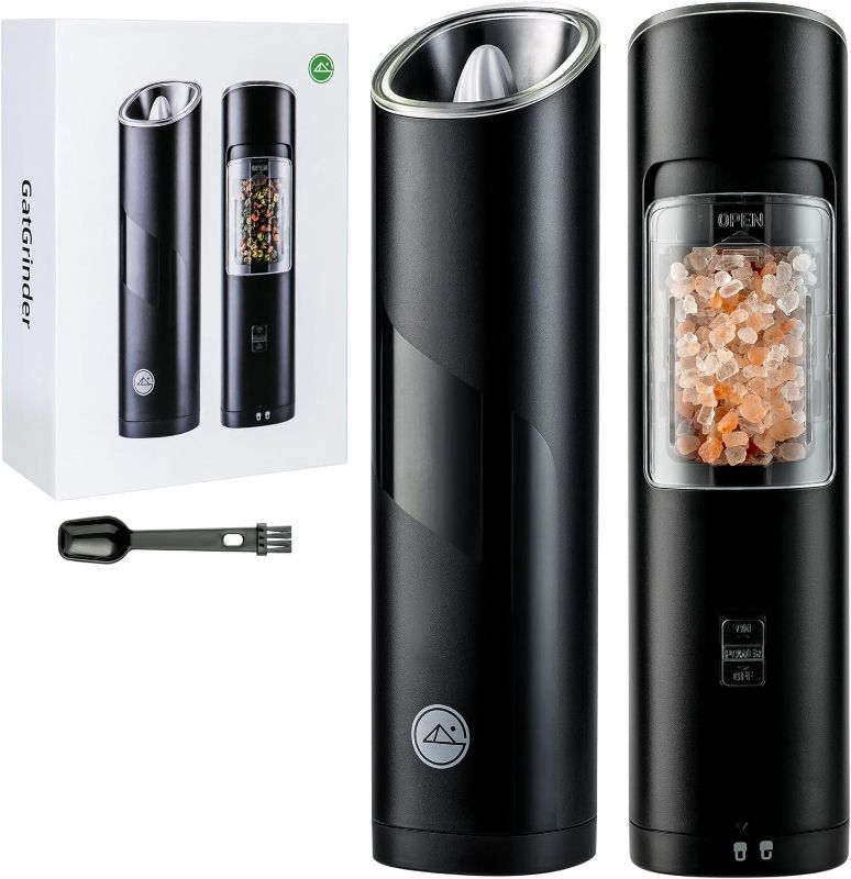 Photo 1 of GATGOODS Gravity Electric Salt and Pepper Grinder Set, Adjustable Coarseness, Warm LED Light, One-handed Automatic Operation, Battery Powered, Black, Electric Pepper Mills
