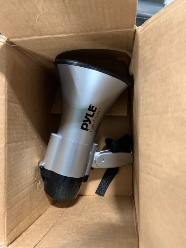 Photo 1 of Pyle Battery-Operated Compact and Portable Megaphone Speaker with Siren Alarm Mode (Silver)