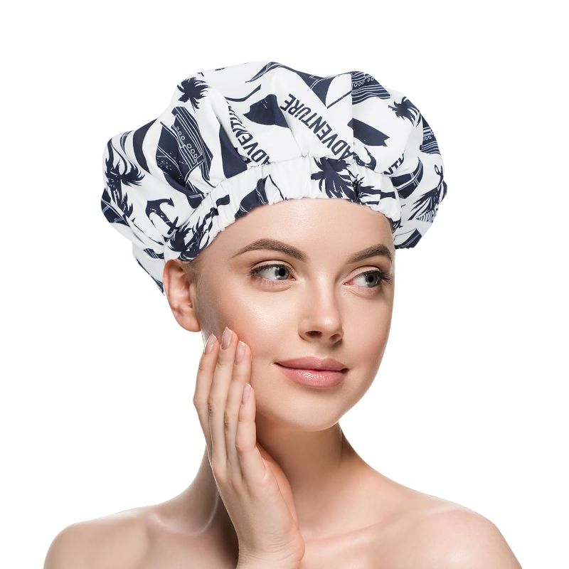 Photo 1 of POZILAN Luxury Shower Cap for Women, Waterproof Reusable Shower Caps Double Layers Soft Silk Satin Lined, Extra Large for Long Hair, Adjustable for Most Heads Size
