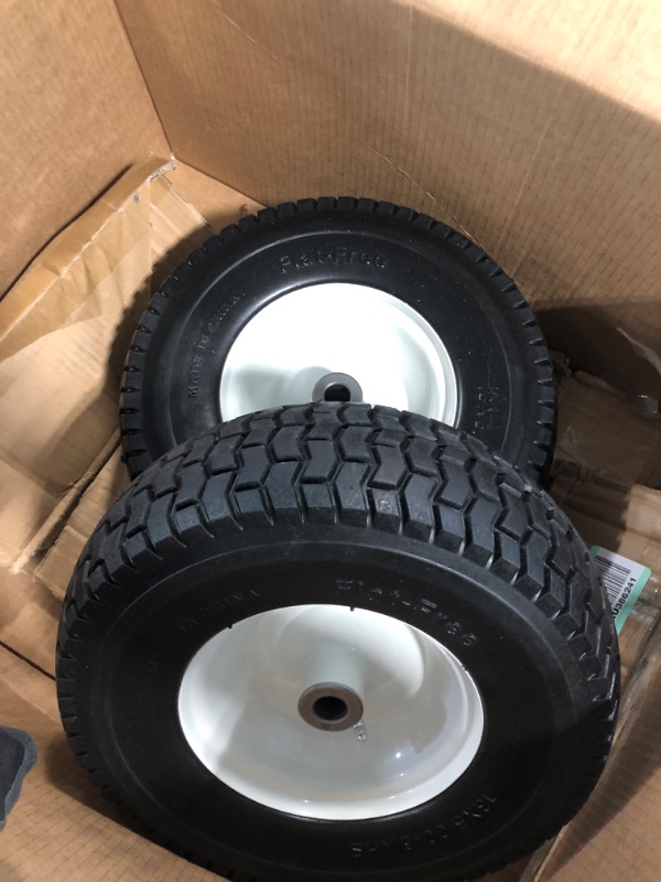 Photo 2 of 2-Pack 13x5.00-6 Flat-Free Tire with Rim,3"Centered Hub with 3/4" Bushings,w/Grease Fitting?400lbs Capacity,13x5-6 No-Flat Solid Rubber Turf Wheel,for Riding Lawn mower,Garden Cart,Wheelbarrow