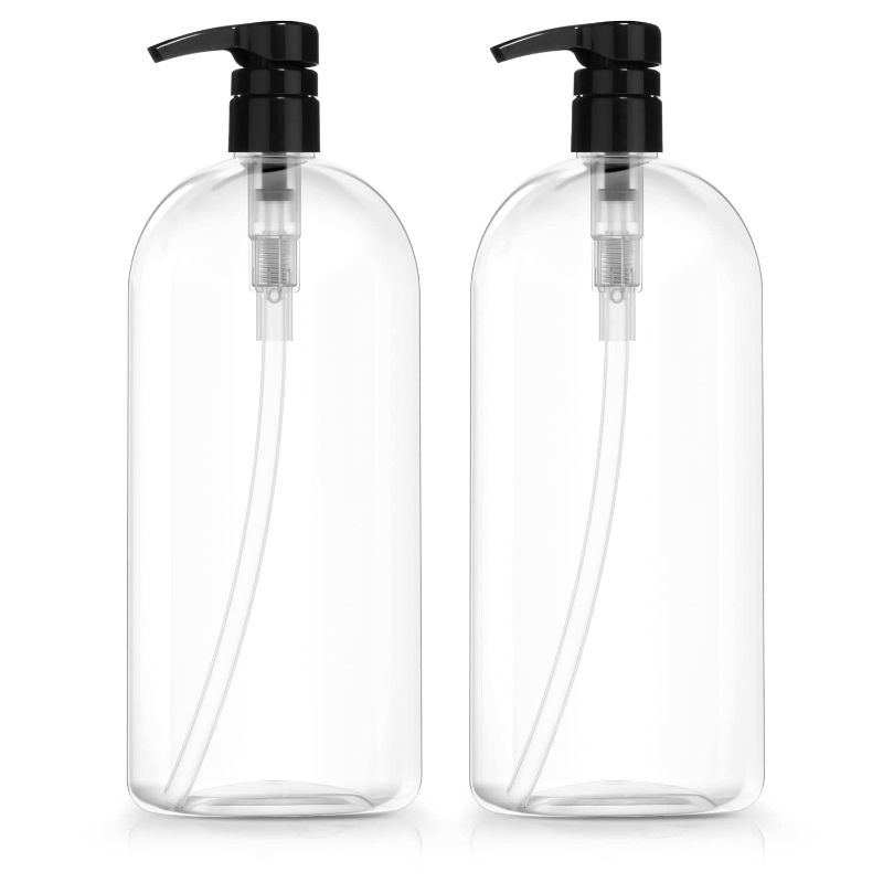Photo 1 of  10 Empty  plastic Bottles with white Pumps, 32oz/1Liter/Large, BPA-Free, Lightweight (Medium Density PETE1 Plastic) Pack of 10, Oval Shape Clear Bottles