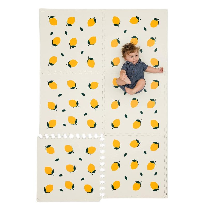 Photo 1 of CHILDLIKE BEHAVIOR XL Baby Play Mats,  Puzzle with 6 Foam Tiles, Crawling Mat with Interlocking Tiles, 24”x24” Puzzle Mat Pieces, Neutral Playmat for Toddlers & Infants Play Pen - Lemons
