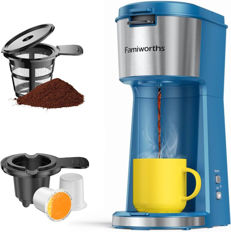 Photo 3 of Famiworths Single Serve Brewer for K Cup & Ground Coffee, With Bold Brew, One Cup Coffee Maker, 6 to 14 oz. Brew Sizes, Fits Travel Mug, Blue
