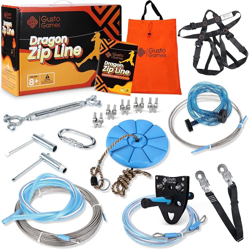 Photo 4 of Gusto Games Zipline Kit for Backyard for Kids and Adults - 110ft Cable with Harness for Extra Safety