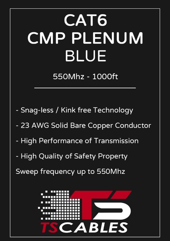 Photo 2 of Cat6 Plenum (CMP) 1000ft Cable, 23AWG | 100% Solid Bare Copper | 550MHz | Unshielded Twisted Pair (UTP) Bulk Ethernet Cable, Available in 10 Colors Blue