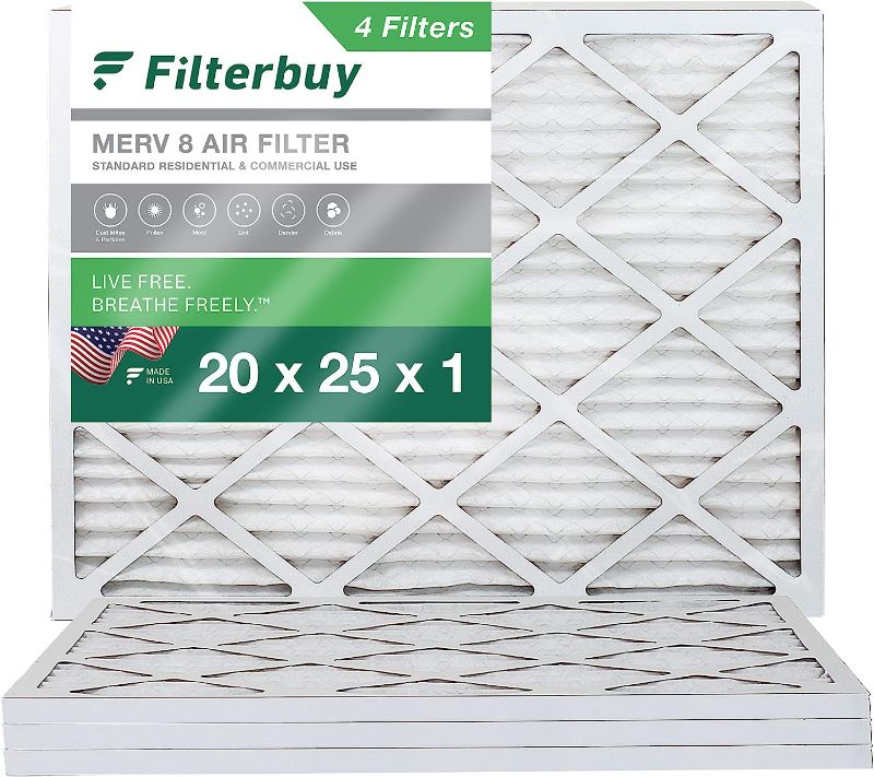 Photo 1 of 
Filterbuy 20x25x1 Air Filter MERV 8 Dust Defense (4-Pack), Pleated HVAC AC Furnace Air Filters Replacement (Actual Size: 19.50 x 24.50 x 0.75 Inches)