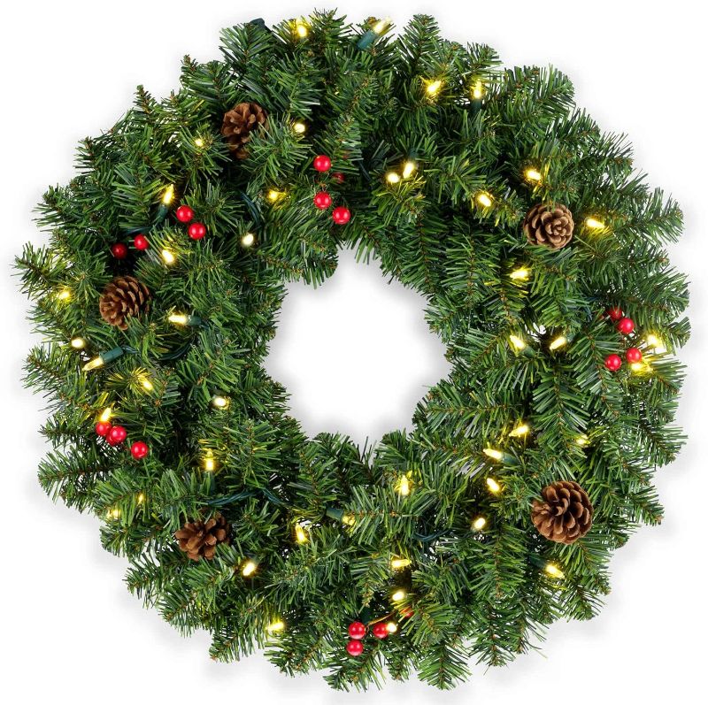 Photo 1 of 24 Inch Lighted Christmas Wreath, Artificial Green Wreath with 50 LED Warm White Lights (Warm White)
