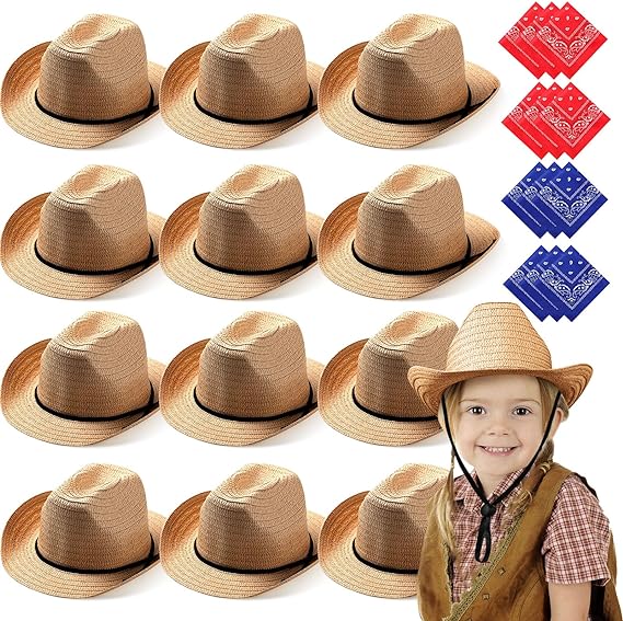 Photo 1 of 12 Set Kid Straw Cowboy Hats with Bandanas Cowboy Costume Bandanas for Western Party Kid Costume
