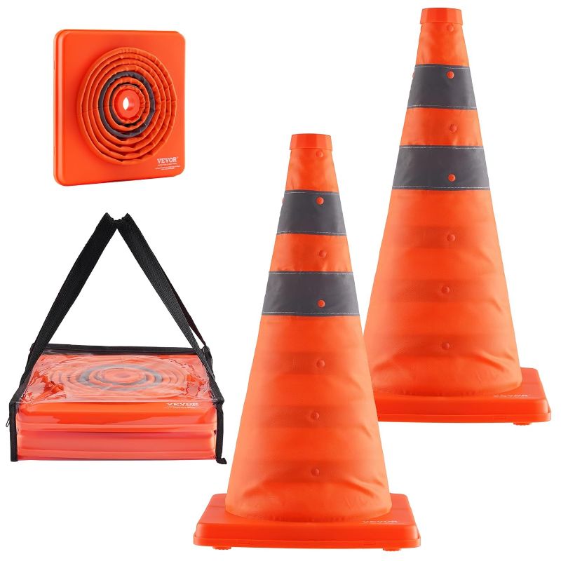 Photo 1 of VEVOR Safety Cones, 2 Pack 18 inch Collapsible Traffic Cones, Construction Cones with Reflective Collars, Wide Base and A Storage Bag, for Traffic Control, Driving Training, Parking Lots 18 inch 2 Pack