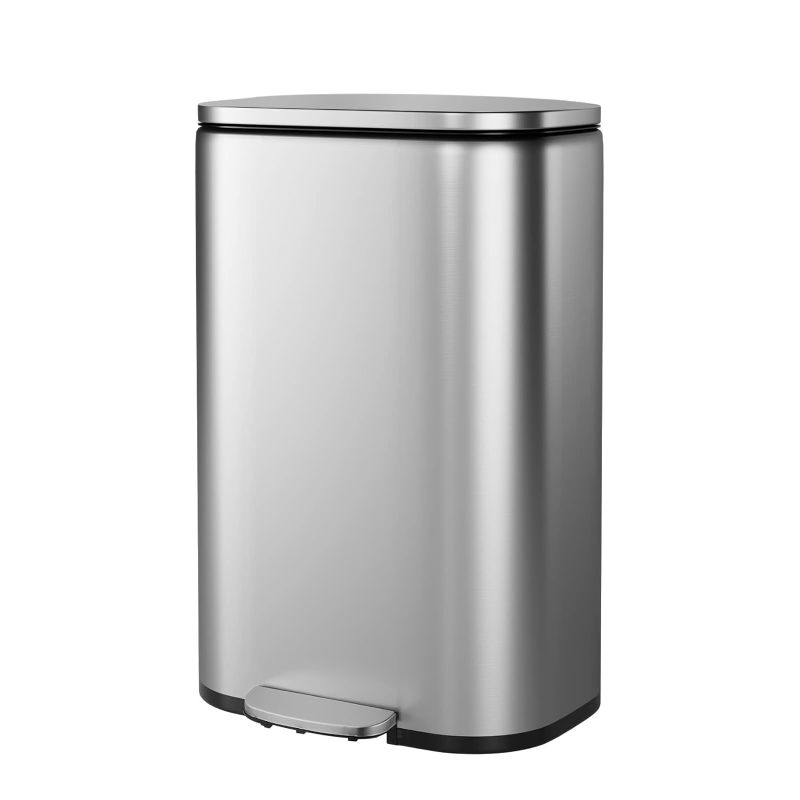 Photo 1 of 13 Gallon Trash Can, Fingerprint Proof Stainless Steel Kitchen Garbage Can with Hinged Lids & Removable Inner Bucket and Durable Pedal, Pedal Rubbish Bin for Home Office Indoor Outdoor, Silver