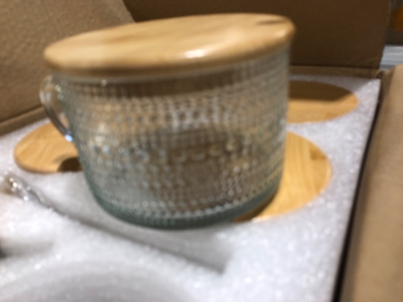 Photo 1 of 6 Pack Vintage Glass Coffee Mugs, Overnight Oats Containers with Bamboo Lids and Spoons, 14oz Slight Green Embossed Drinking Glasses, Cute Coffee Bar Accessories, for Iced Coffee, Tea, Latte, Gift
