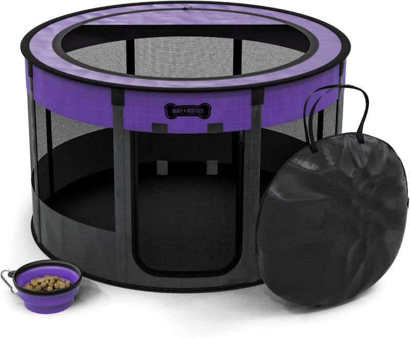 Photo 1 of Ruff 'N Ruffus Portable Foldable Pet Playpen +Free Carrying Case + Free Travel Bowl (Medium (36x36x23 inches), Purple)