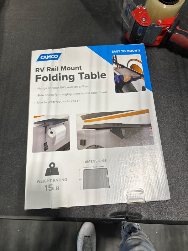 Photo 1 of Camco RV Rail Mount Table, 16 ¾-Inches x 12 3/16-Inches | Hangs on Your RV's Exterior Grill Rail | Provides a Flat Surface for Eating, Food Prep and Utensils (58175)|Charcoal Gray