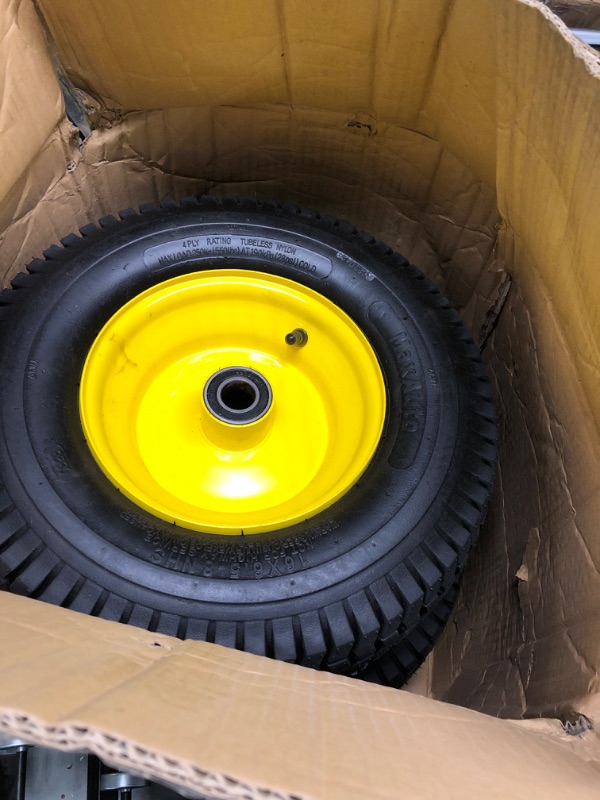 Photo 2 of MaxAuto 2Pcs 16x6.50-8 Tire and wheel for Lawn Riding Mowers Garden Tractors, 4" Centered Hub with 1" Axle Bore,Yellow Rim