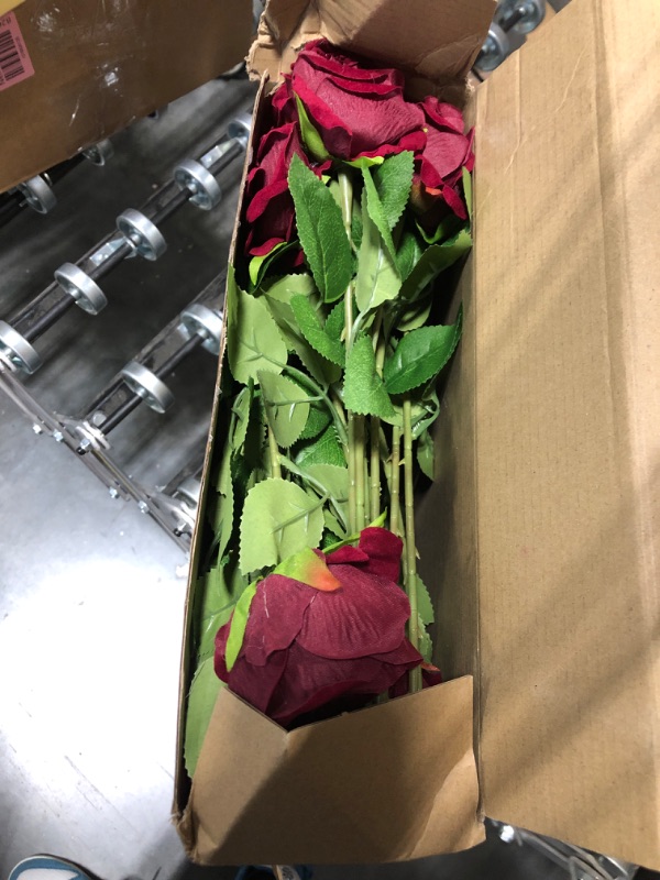 Photo 3 of 50 Pcs Artificial Rose Flower Realistic Silk Roses with Stem Bouquet of Flowers Plastic Flowers Real Looking Fake Roses for Home Wedding Centerpieces Party Decorations (Burgundy)