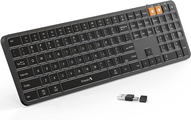 Photo 1 of ProtoArc Backlit Wireless Keyboard, K100 2.4G Ultra Slim Wireless Illuminated Keyboard Full Size Silent Keyboard, Rechargeable, USB/Type C Connection, Natural Typing, Windows/Mac(Black)