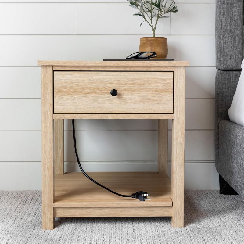 Photo 1 of APOC HOME Wood Veneer Side Table with Charging Station - Wood Nightstand Smart Bedside Table with Charging Station, Drawer & Shelf - with 2 USB Ports