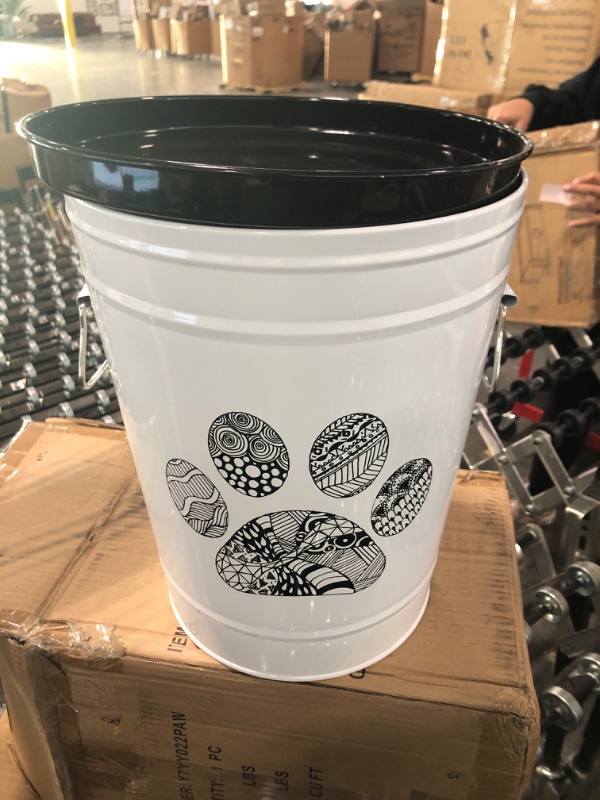 Photo 1 of Amici Pet Food Safe Metal Storage Canister With Lid & Handle for Pet Food, Zentangle Paw Print Design - Black/White
