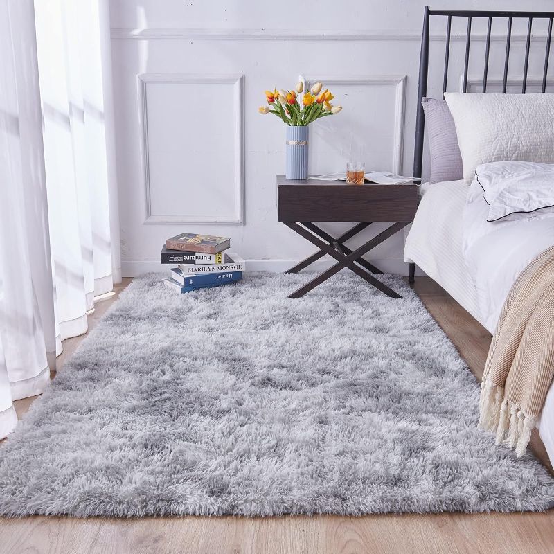 Photo 1 of ANVARUG Fluffy Rugs for Living Room, 5’x7’ Area Rug, Luxurious Shag Carpet Rugs for Bedroom, Anti-Skid Shaggy Rectangular Area Rug, Tie-Dyed Light Grey