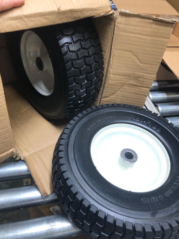 Photo 2 of 2-Pack 13x5.00-6 Flat-Free Tire with Rim,3"Centered Hub with 3/4" Bushings,w/Grease Fitting?400lbs Capacity,13x5-6 No-Flat Solid Rubber Turf Wheel,for Riding Lawn mower,Garden Cart,Wheelbarrow