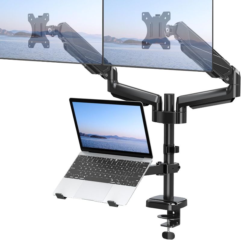 Photo 1 of MOUNT PRO Monitor and Laptop Mount, Gas Spring Dual Monitor Arm fit Max 27inch Flat Curved Computer Screens, Monitor Mount with Laptop Tray for Max 17 Inch Notebooks, 3 in 1 Laptop and Monitor Stand