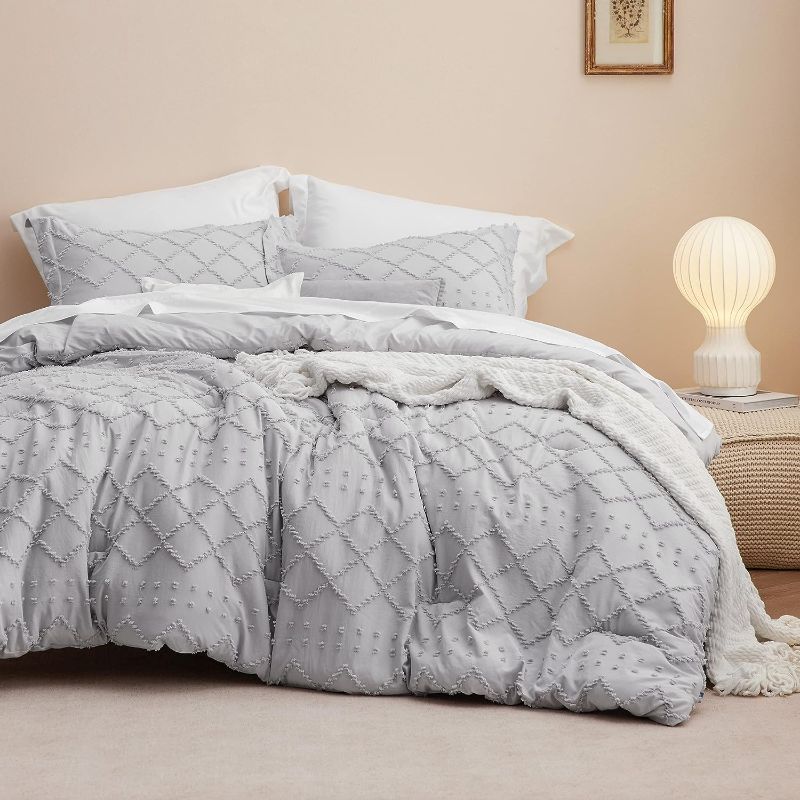 Photo 1 of Bedsure Boho Comforter Set Queen - Light Grey Tufted Shabby Chic Bedding Comforter Set for All Seasons, 3 Pieces Western Comforter Set, Farmhouse Modern Bed Set, Soft Bedding for Women Men Girls