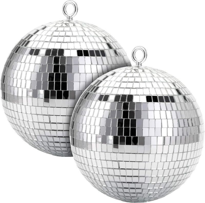 Photo 1 of 2 Pack Large Disco Ball Silver Hanging Mirror Disco Ball Reflective Mirror Disco Ball Ornament for Party Holiday Wedding Dance Music Festivals Decor Club Stage Props DJ Decoration (8 Inch, 16 Inch)